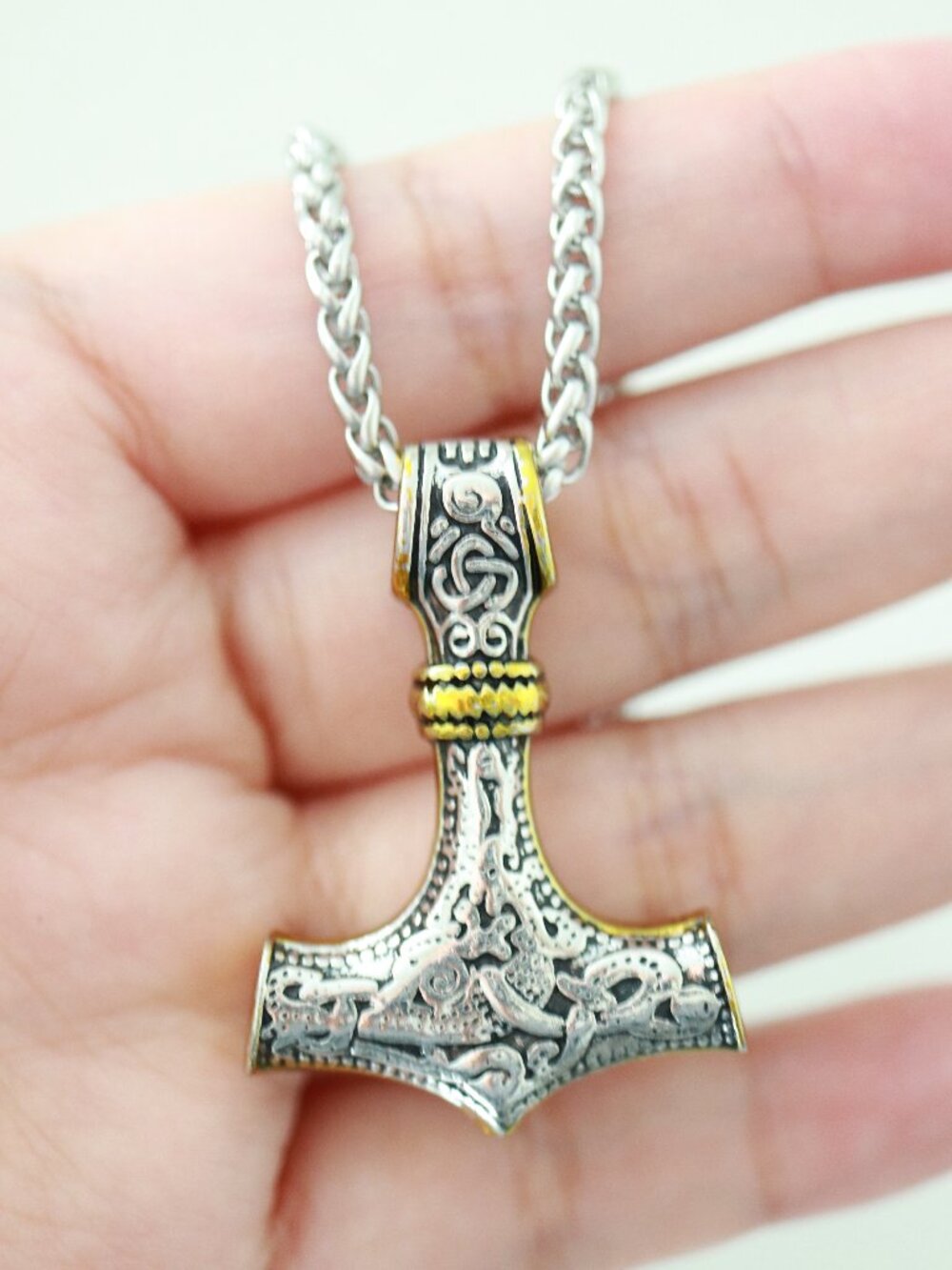 Thor Hammer Viking Style Pendant Necklace 2-Tone Stainless Steel